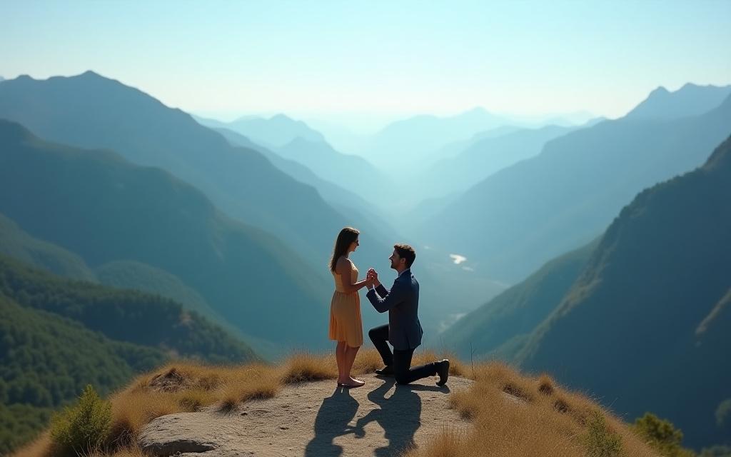 Romantic engagement proposal at scenic mountain viewpoint